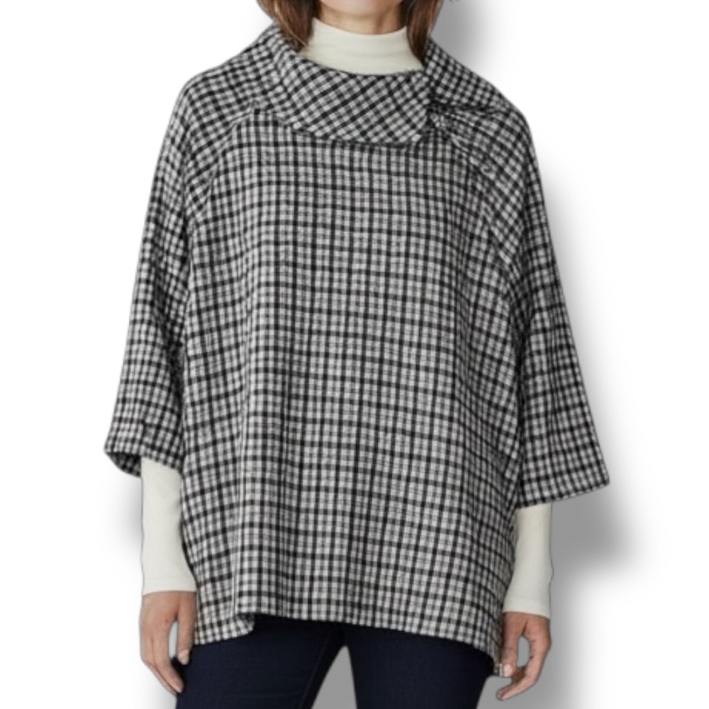 Kal Rieman Italian Asymmetric Foldover Button Collar Micro Check Relaxed Fit Top